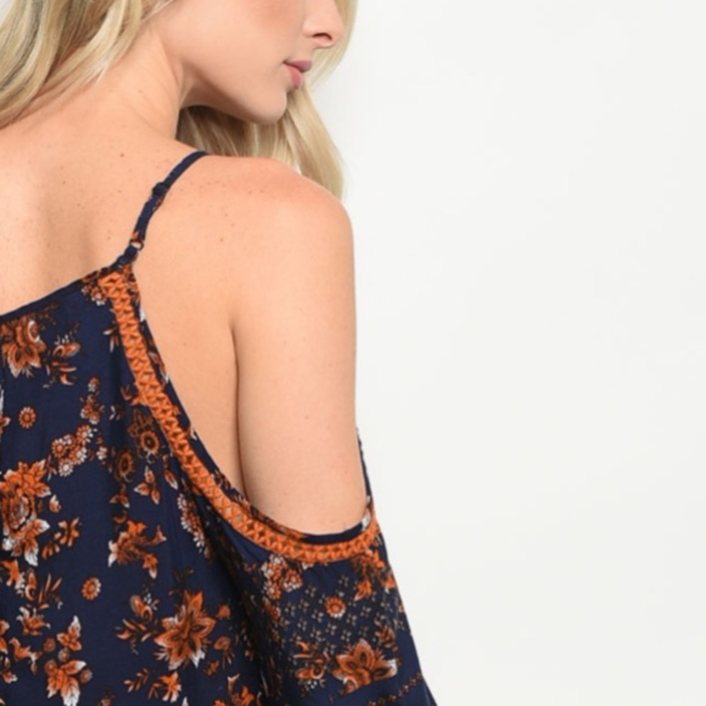 Brand New Navy Floral Boho Cold Shoulder Dress - Picture 7 of 7